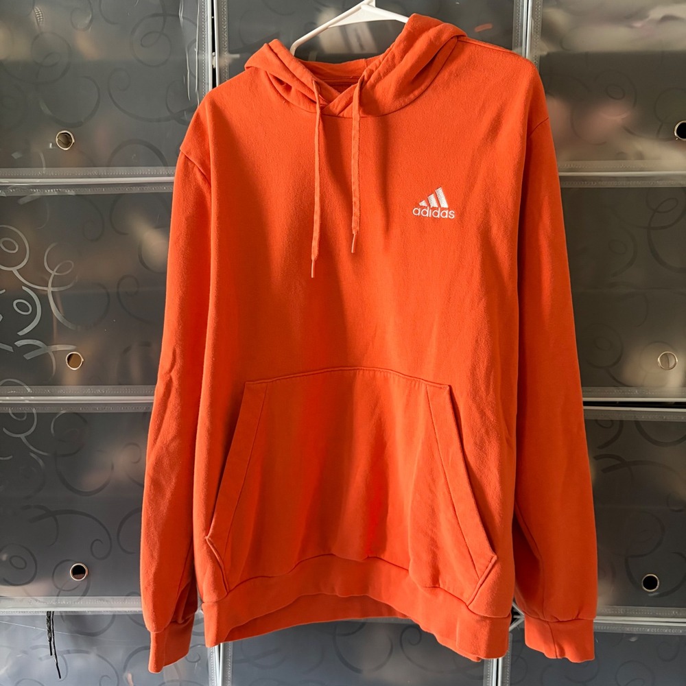 Adidas Mens XL Orange Pullover Hoodie Fleece Mountain Logo Sweatshirt